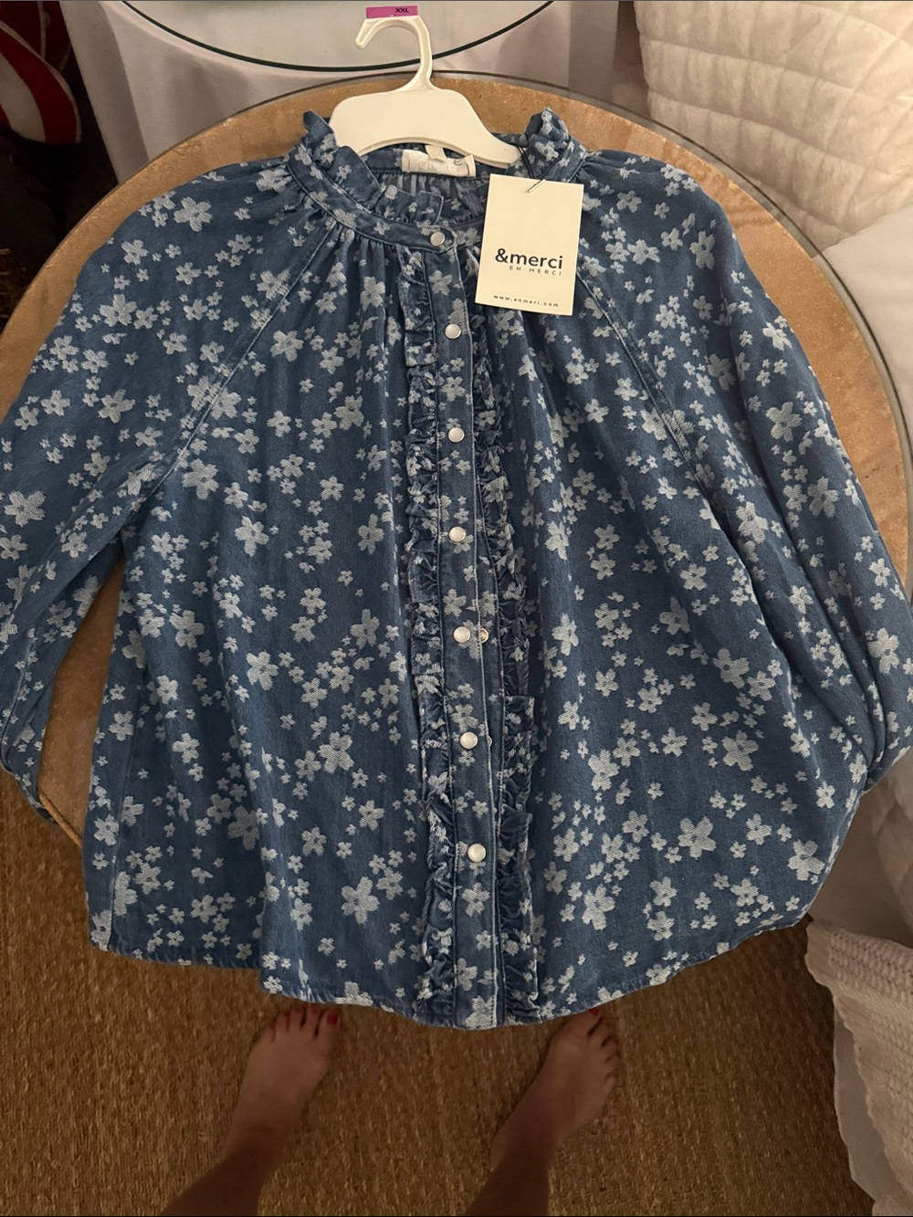 Blue Floral Ruffle-Trim Button Front Top denim